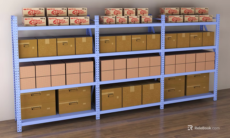 Blue Storage Shelving Units with Multiple Cardboard Boxes on Multi Level Racks 3d model