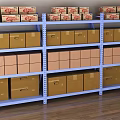 Blue Storage Shelving Units with Multiple Cardboard Boxes on Multi Level Racks 3d model