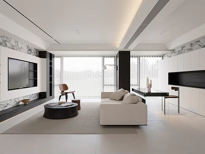 Modern Living Room Interior With White Sofa Coffee Table TV Wall And Large Windows 3d model