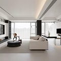Modern Living Room Interior With White Sofa Coffee Table TV Wall And Large Windows