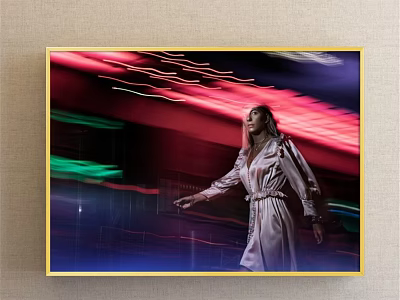 Elegant Woman in White Robe Portrait with Colorful Light Streaks and Golden Frame 3d model