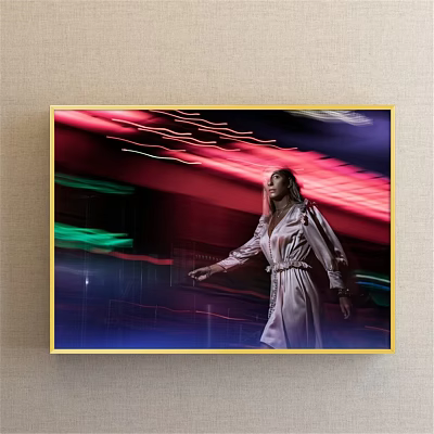 Elegant Woman in White Robe Portrait with Colorful Light Streaks and Golden Frame 3d model