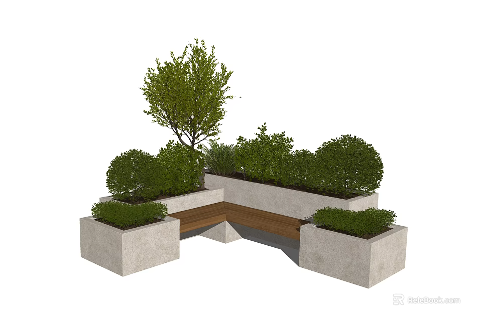 Outdoor Chair With Wooden Seat Among Green Shrubs Small Tree And Stone Planters 3d model 