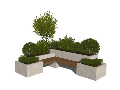 Outdoor Chair With Wooden Seat Among Green Shrubs Small Tree And Stone Planters 3d model