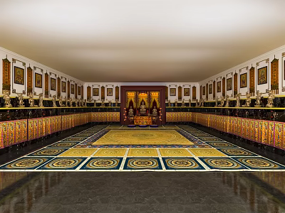 Sacred Religious Temple Interior With Buddha Statues Ornate Walls And Decorative Carpets 3d model