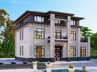 Two Story European Style Detached Villa With White Exterior Black Roof Columns And Greenery 3d model