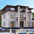 Two Story European Style Detached Villa With White Exterior Black Roof Columns And Greenery