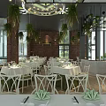 Elegant Restaurant Interior With White Tables Green Plant Decor Hanging Plants And Brick Walls
