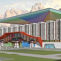 Museum Building With Traditional Roof Design Set Against Mountain Backdrop Front Plaza And Pedestrians