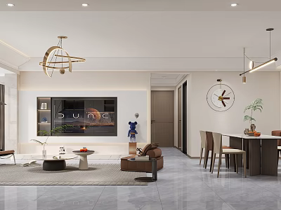 Modern Living and Dining Room Interior Design With Chandelier Sofa Dining Table And TV 3d model