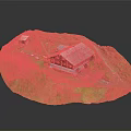 Red Building Model on Green Hillside with Small House and Path 3d model