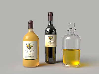 Elegant TALLUS Wine Bottles with Dark and Yellow Liquid and Glass Decanter 3d model