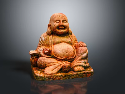 Smiling Buddha Red Stone Carving In Sitting Posture With Detailed Base 3d model