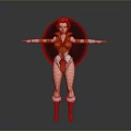 Woman With Red Hair In Orange White Outfit Arms Outstretched Red Boots Circular Black Background