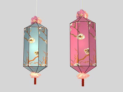Hanging Hexagonal Paper Lanterns With Blue Pink Colors Plum Blossom Branches And Birds Decorations 3d model