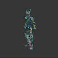 Futuristic Sci Fi Armored Character Wearing Blue Orange Outfit With Mechanical Legs And Horned Helmet