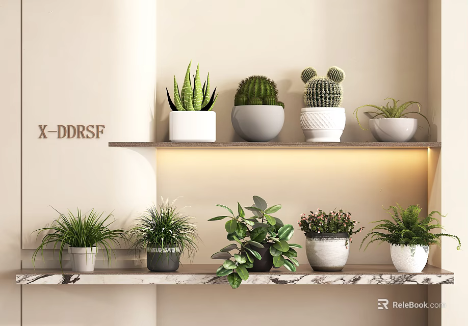 Various Green Potted Plants on Two Tiered Shelves with Marble Countertop and Warm Lighting 3d model 