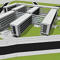 Modern School Building Complex with Multi Story White Exterior Glass Windows and Green Area