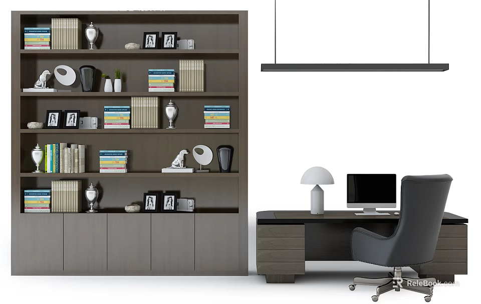 Modern Office Desk Setup With Computer Table Lamp Gray Chair And Bookshelf 3d model 