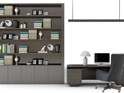 Modern Office Desk Setup With Computer Table Lamp Gray Chair And Bookshelf 3d model