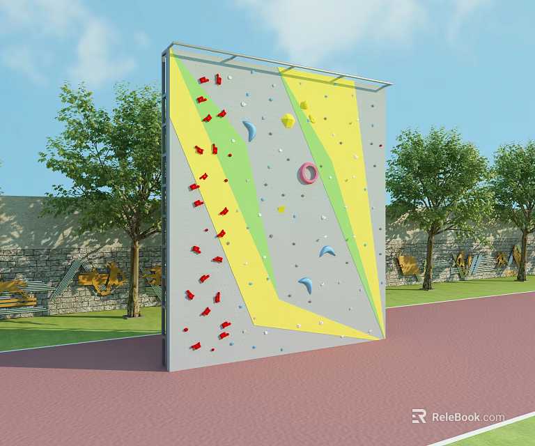 Outdoor Sports Equipment Colorful Climbing Wall With Multiple Handholds And Trees Nearby 3d model 