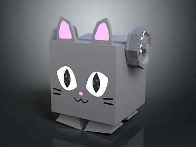 Cute Gray Square Shaped Cat Doll With Pink Ears Big Eyes And Wind Up Mechanism 3d model