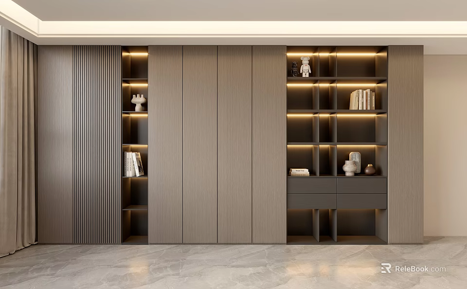 Modern Wooden Wardrobe With Lighted Open Shelves For Decorations And Books 3d model 