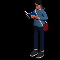 A Man Reading Blue Book Wearing Blue Jacket Dark Pants And Red Bag