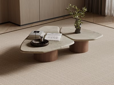Modern Two Piece Coffee Table With Marble Top Copper Base Books Tray And Small Plant 3d model