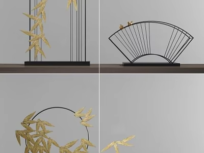 Elegant Decorative Ornament Set With Metal Frame Fan Shape And Bamboo Leaf Design On Shelf 3d model
