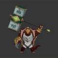 Mythical 3D Warrior Character With Red Body Golden Helmet Large Hammer Block Green Accents