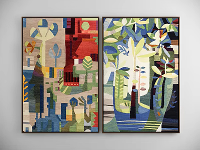 Modern Abstract Two Panel Wall Art With Colorful Botanical Geometric Patterns 3d model