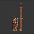 Vintage Industrial Equipment with Red Brick Chimney Round Metal Body and Wheels