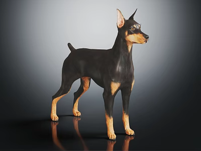 Black and Tan Doberman Pinscher in Standing Posture on Shiny Black Background with Reflection 3d model