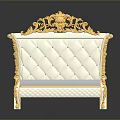 Luxurious European Style Bed With Gold Carvings And White Upholstered Headboard