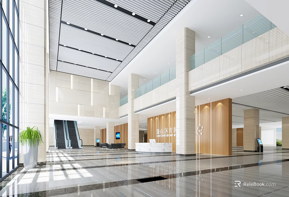 Modern Lobby Reception Desk Area With Marble Flooring Glass Railings Wooden Walls And Escalators 3d model 