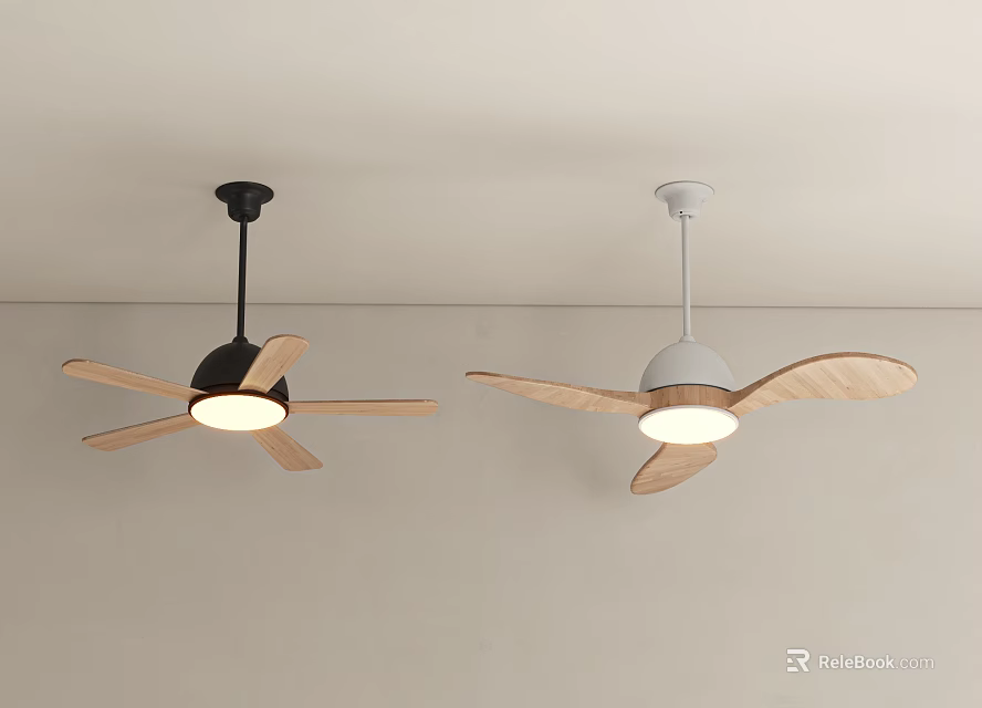 Ceiling Fan Lights With Black And White Base Wooden Blades And Illuminated Indoor Ceiling Mounted 3d model 
