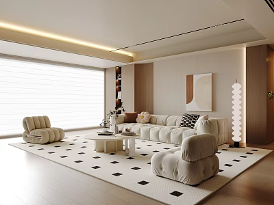 Modern Living Room Interior Design With Beige Sofa Geometric Rug Accent Chair And Floor Lamp 3d model