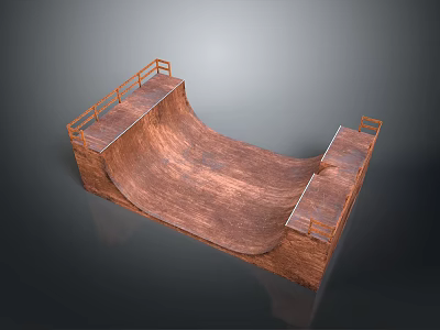 Outdoor Landscape With Wooden Skate Ramp Metal Railings And Curved Structure 3d model
