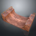 Outdoor Landscape With Wooden Skate Ramp Metal Railings And Curved Structure