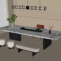 Tea Table and Chair Combination Tea Room Tea Table Stool Bench Tea Set Chandelier 3d model