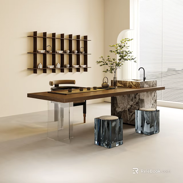 Modern Tea Table Interior With Wooden Top Transparent Legs Crystal Stools And Potted Plant 3d model 