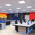 Military Monitoring Room Featuring Neatly Arranged Control Consoles Blue Screens and Strategic Wall Banners