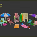 Colorful Beach Equipment Collection Featuring Umbrellas Lounge Chairs Surfboards And Mats