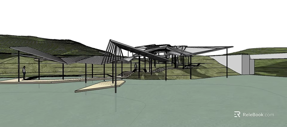 Modern Pergola Design With Metal Frame Structure Over Waterfront Hillside Area 3d model 