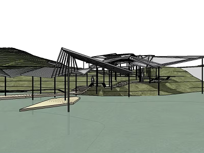 Modern Pergola Design With Metal Frame Structure Over Waterfront Hillside Area 3d model