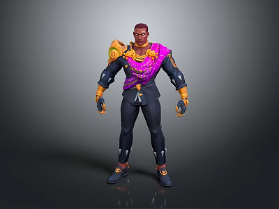 Man In Futuristic 3D Model Design With Purple Pink Outfit And Yellow Orange Shoulder Armor 3d model