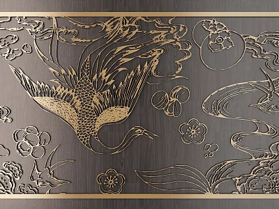 Intricate Gold Carving Artwork On Black Background With Crane Flowers And Cloud Patterns 3d model
