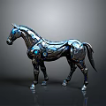Metallic Mechanical Horse Character With Blue Glowing Eyes And Shiny Surface