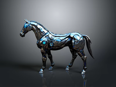Metallic Mechanical Horse Character With Blue Glowing Eyes And Shiny Surface 3d model